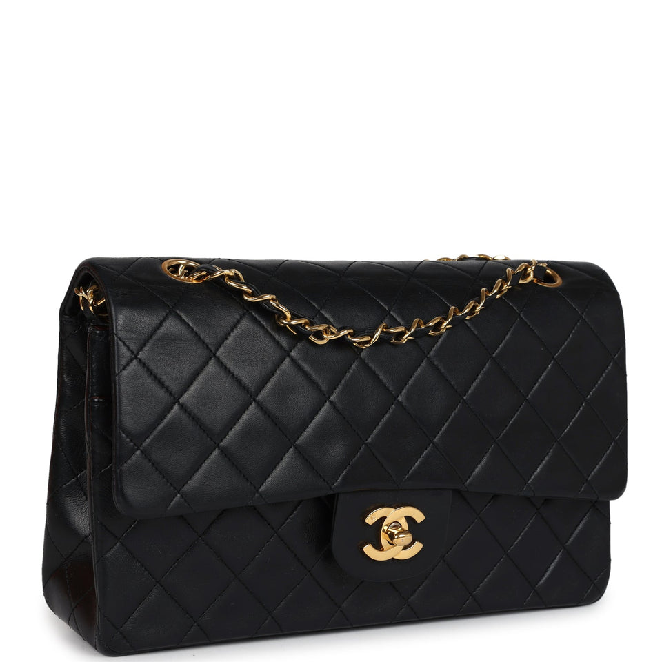 Chanel Vintage Medium Classic Double Flap Bag Black Lambskin Gold Hardware
