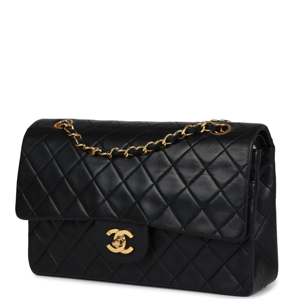 Chanel Vintage Medium Classic Double Flap Bag Black Lambskin Gold Hardware