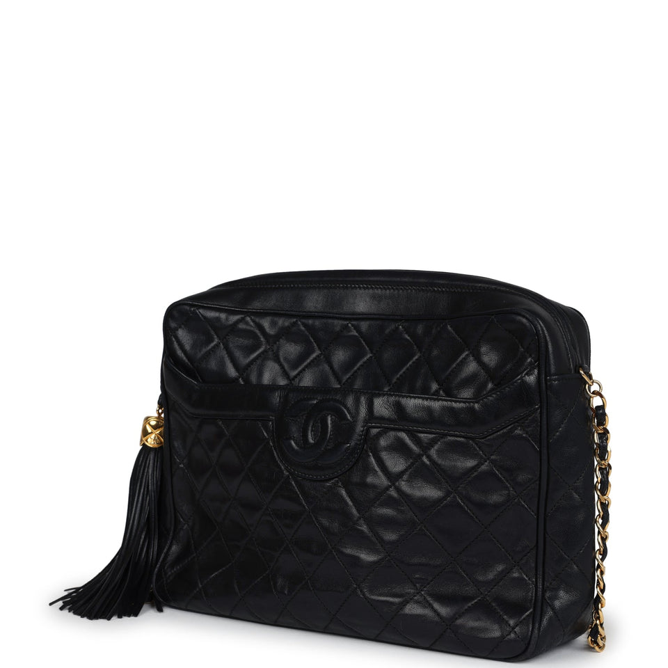 Chanel Vintage Large Front Pocket Camera Bag Black Lambskin Gold Hardware
