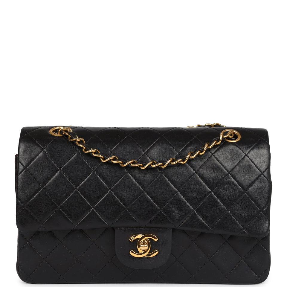 Chanel Vintage Medium Classic Double Flap Bag Black Lambskin Gold Hardware