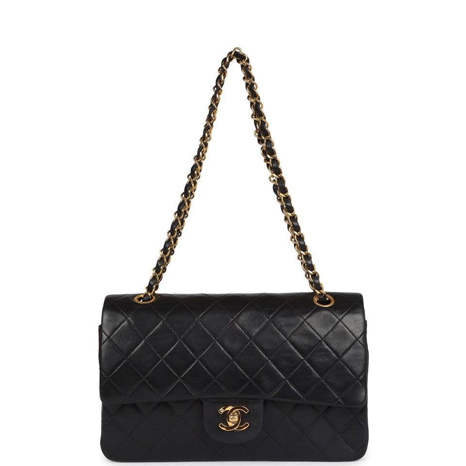 Chanel Vintage Medium Classic Double Flap Bag Black Lambskin Gold Hardware