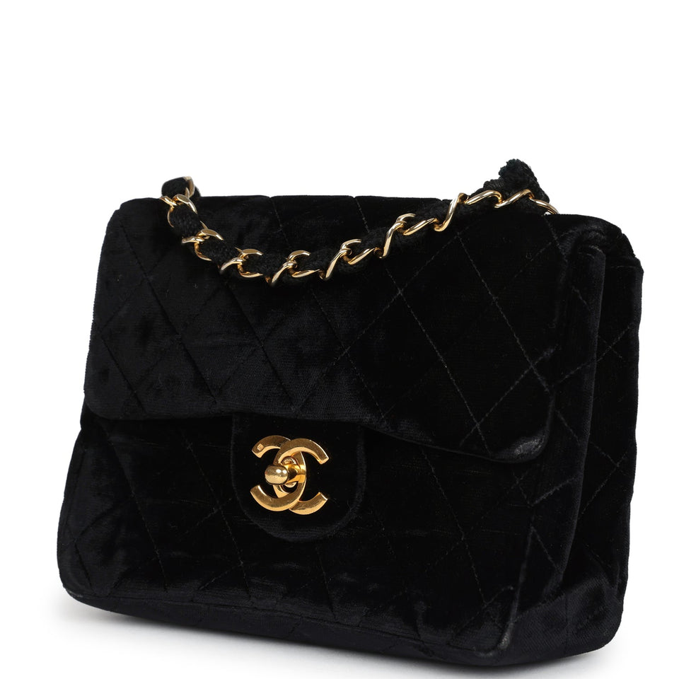 Chanel Vintage Mini Square Flap Bag Black Velvet Gold Hardware