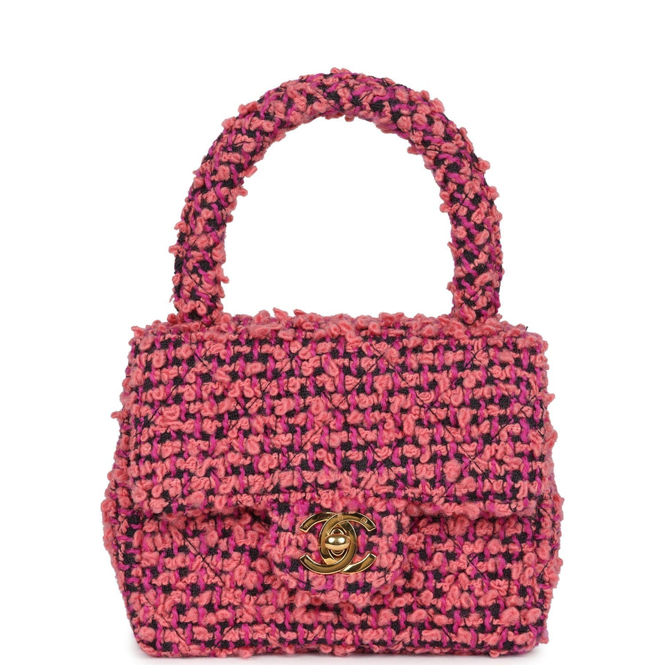 Chanel Vintage Micro Kelly Child Flap Bag Pink and Black Tweed Boucle Gold Hardware