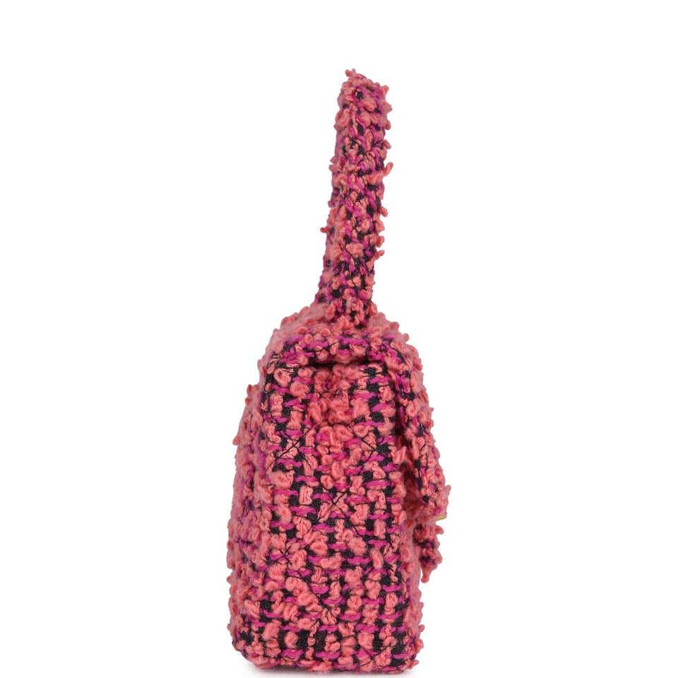 Chanel Vintage Micro Kelly Child Flap Bag Pink and Black Tweed Boucle Gold Hardware