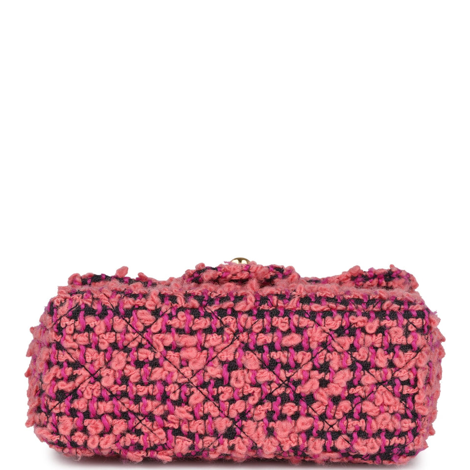 Chanel Vintage Micro Kelly Child Flap Bag Pink and Black Tweed Boucle Gold Hardware