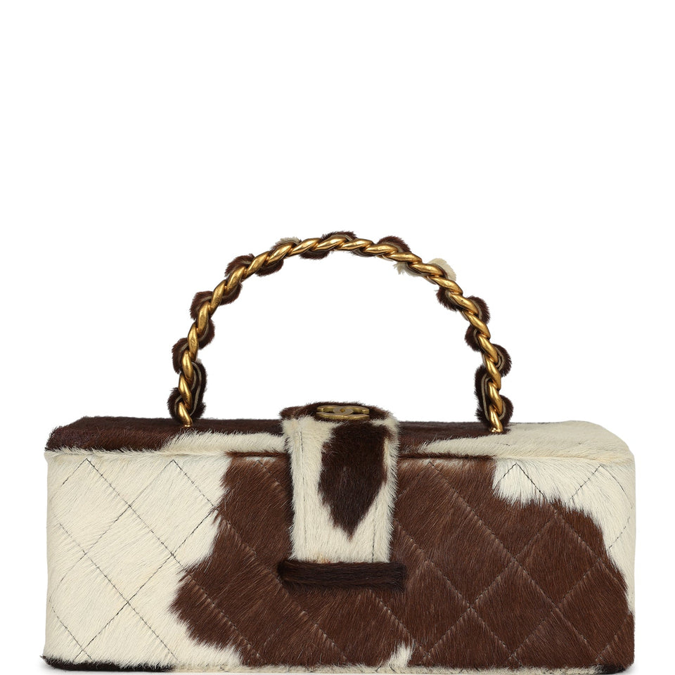 Chanel Vintage Rectangular Vanity Box Brown and White Cow Print Pony Hair Antique Gold Hardware