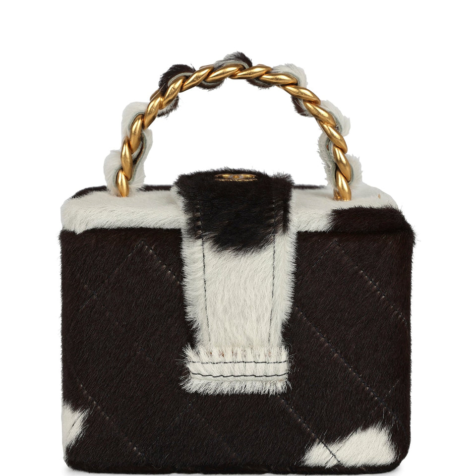 Chanel Vintage Square Vanity Box Brown and White Cow Print Pony Hair Antique Gold Hardware
