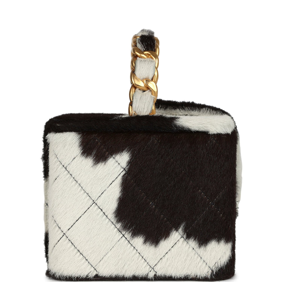 Chanel Vintage Square Vanity Box Brown and White Cow Print Pony Hair Antique Gold Hardware
