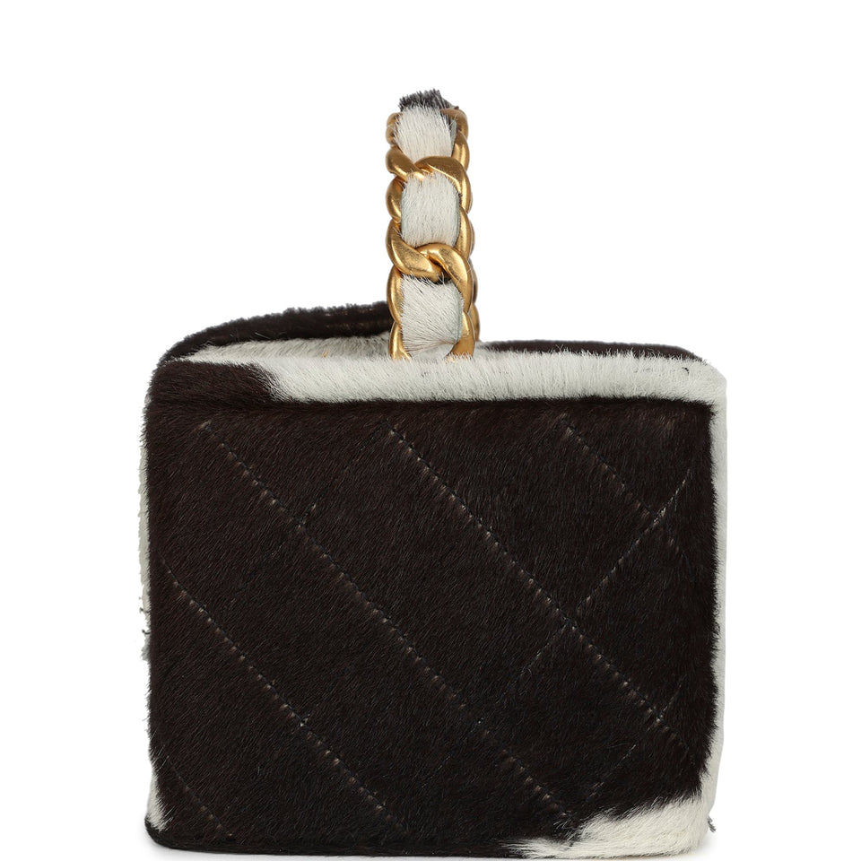 Chanel Vintage Square Vanity Box Brown and White Cow Print Pony Hair Antique Gold Hardware