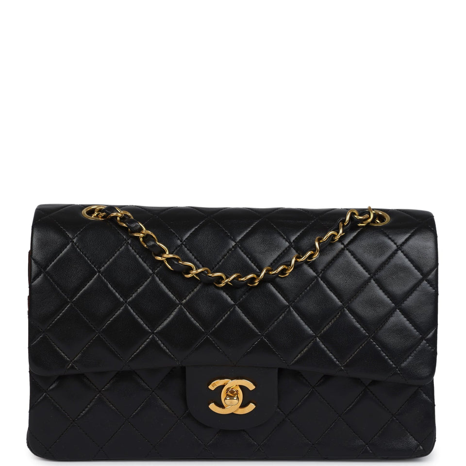 Chanel Vintage Medium Classic Double Flap Bag Black Lambskin Gold Hardware