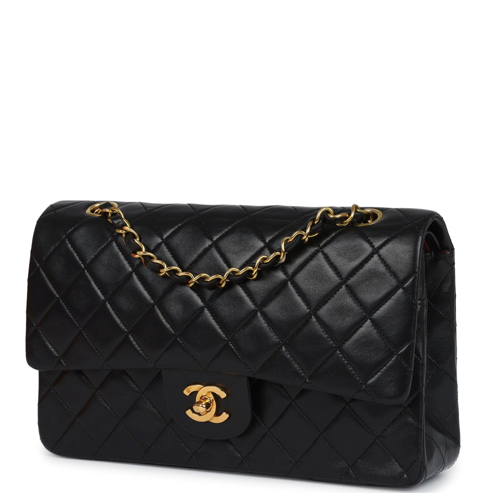 Chanel Vintage Medium Classic Double Flap Bag Black Lambskin Gold Hardware