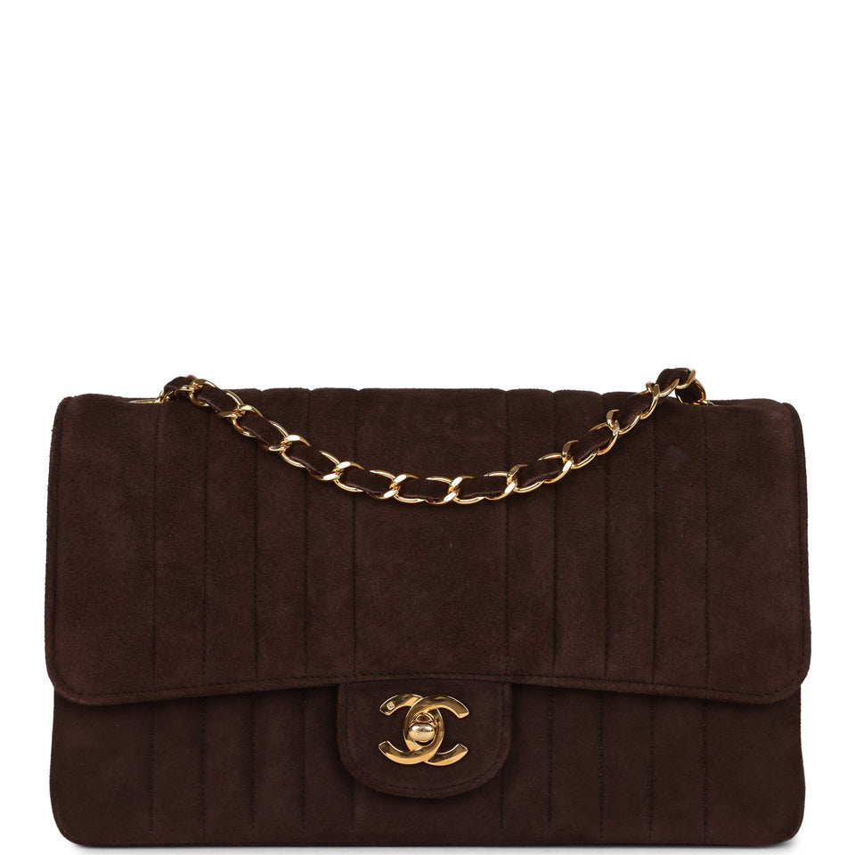 Chanel Vintage Medium Vertical Flap Bag Brown Suede Gold Hardware