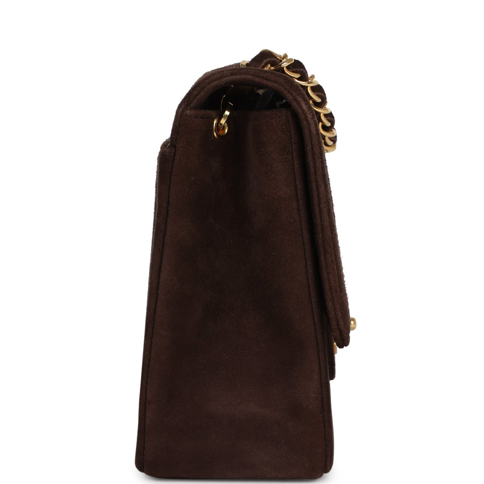 Chanel Vintage Medium Vertical Flap Bag Brown Suede Gold Hardware
