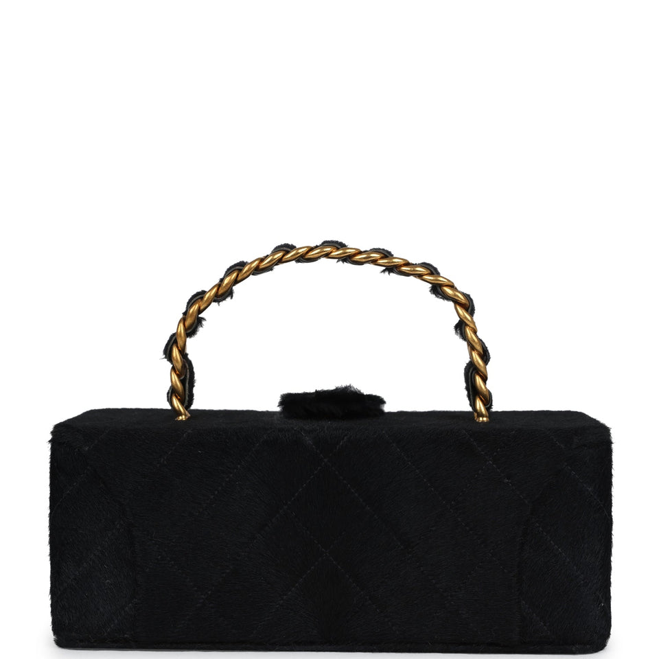 Chanel Vintage Rectangular Vanity Box Black Pony Hair Antique Gold Hardware