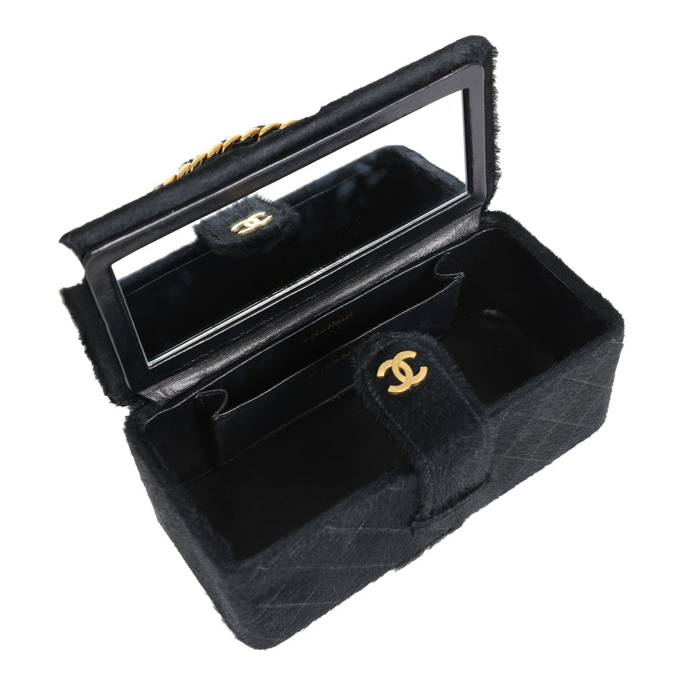 Chanel Vintage Rectangular Vanity Box Black Pony Hair Antique Gold Hardware