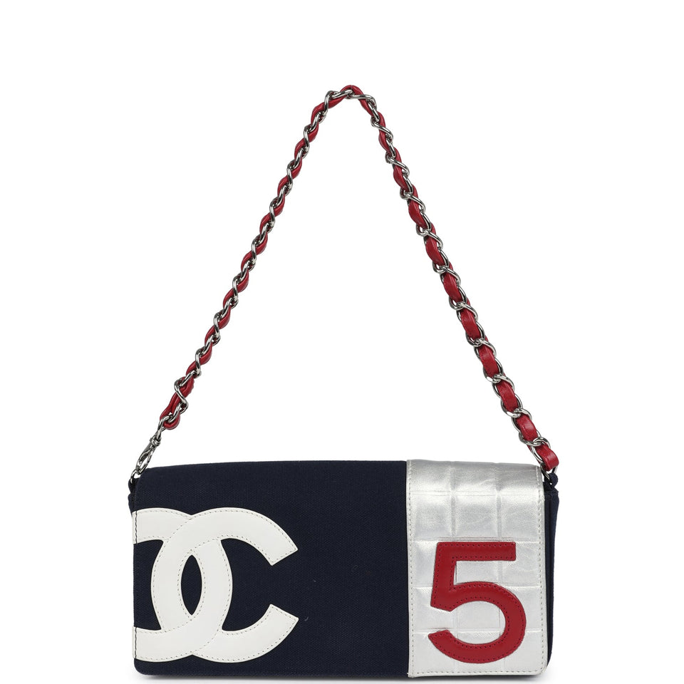Chanel Vintage N0.5 Chain Shoulder Bag Navy, Silver, Red Canvas Silver Hardware