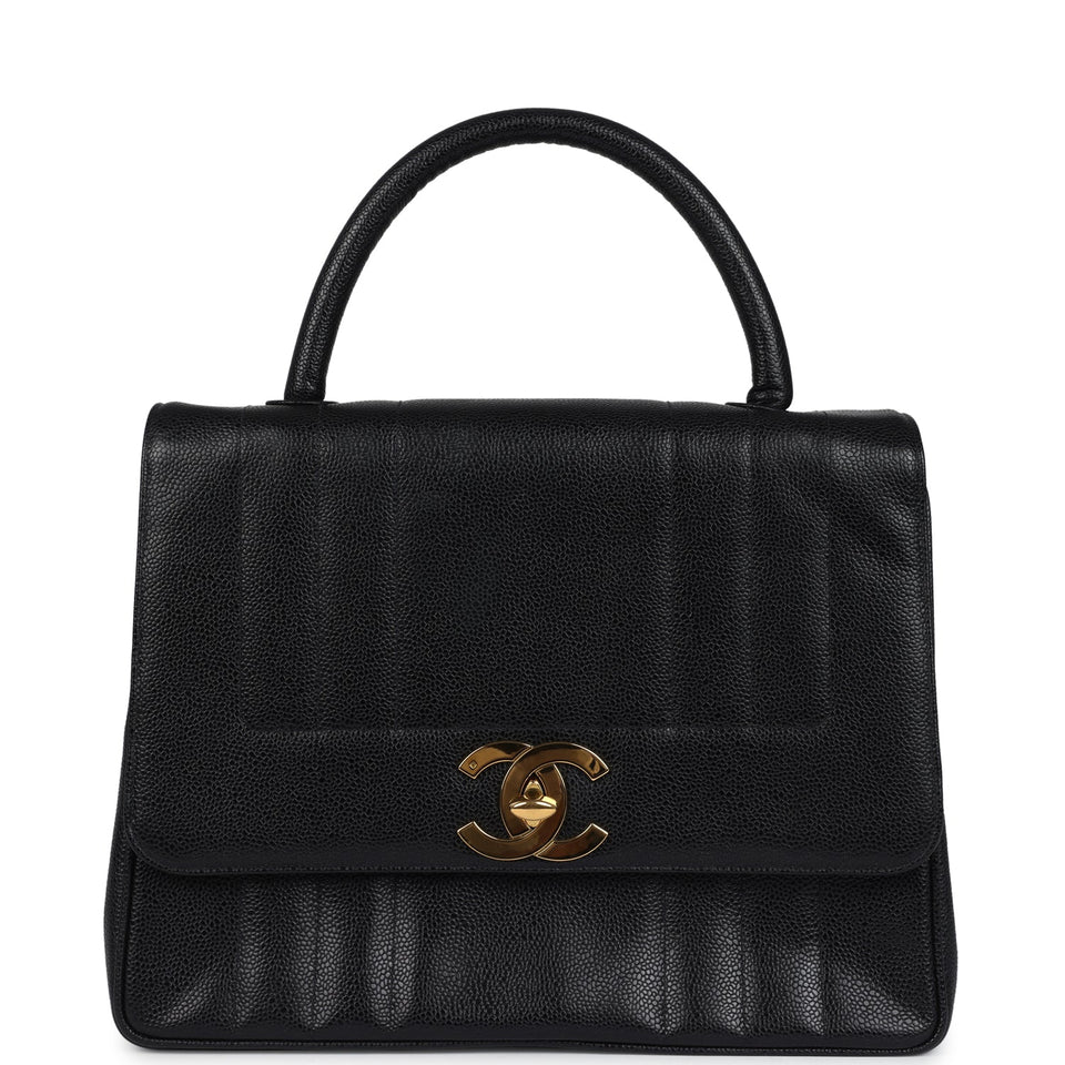 Chanel Vintage Vertical Stripe Kelly Flap Bag Black Caviar Gold Hardware