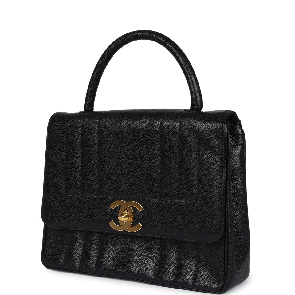 Chanel Vintage Vertical Stripe Kelly Flap Bag Black Caviar Gold Hardware