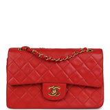 Chanel Vintage Small Classic Double Flap Bag Red Lambskin Gold Hardware