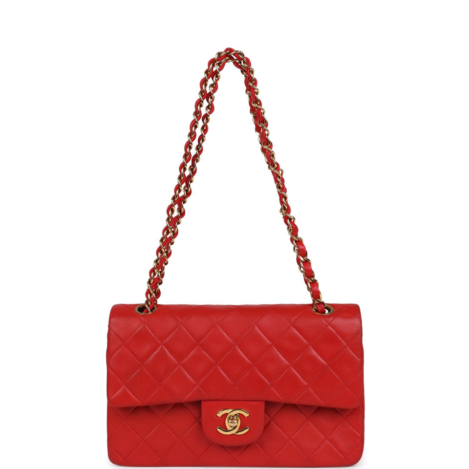 Chanel Vintage Small Classic Double Flap Bag Red Lambskin Gold Hardware