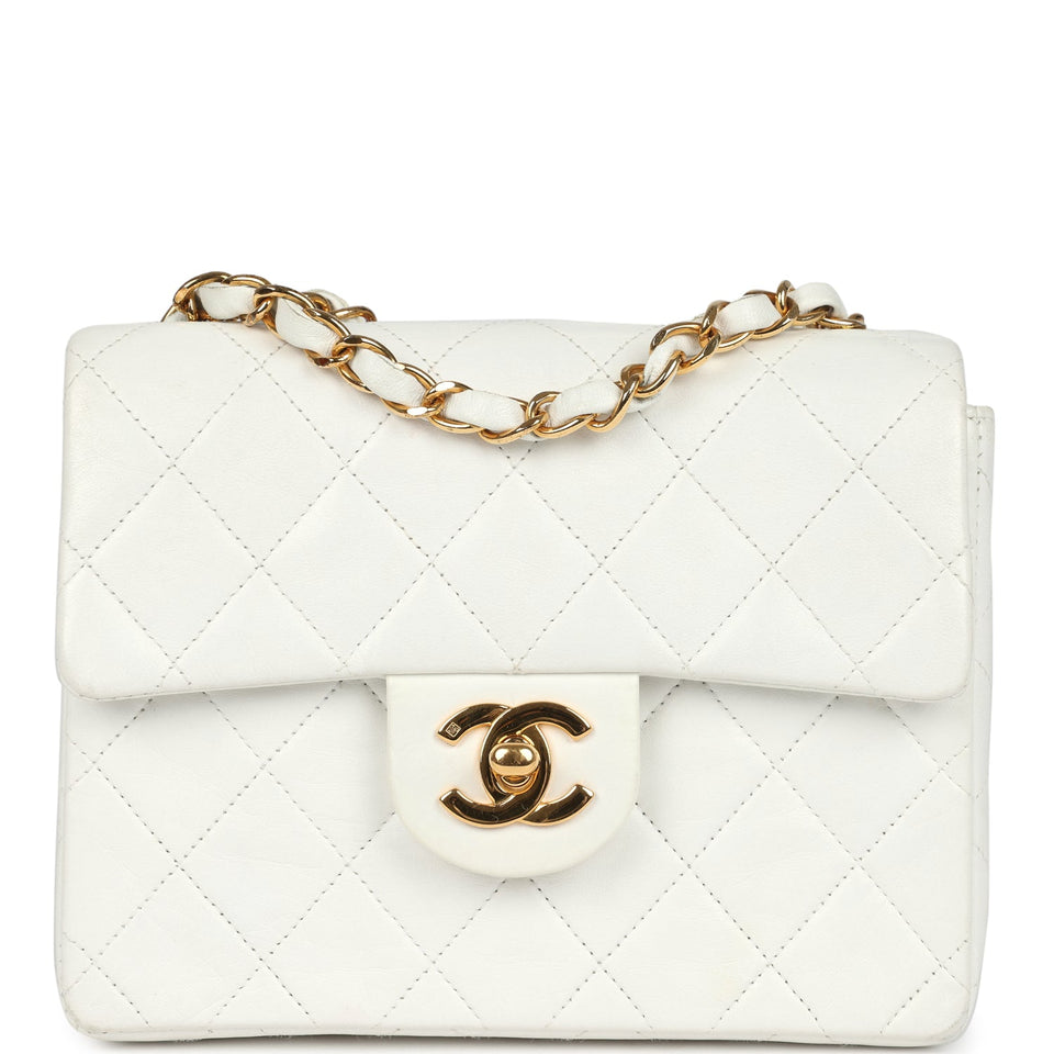 Chanel Vintage Mini Square Flap Bag White Lambskin Gold Hardware