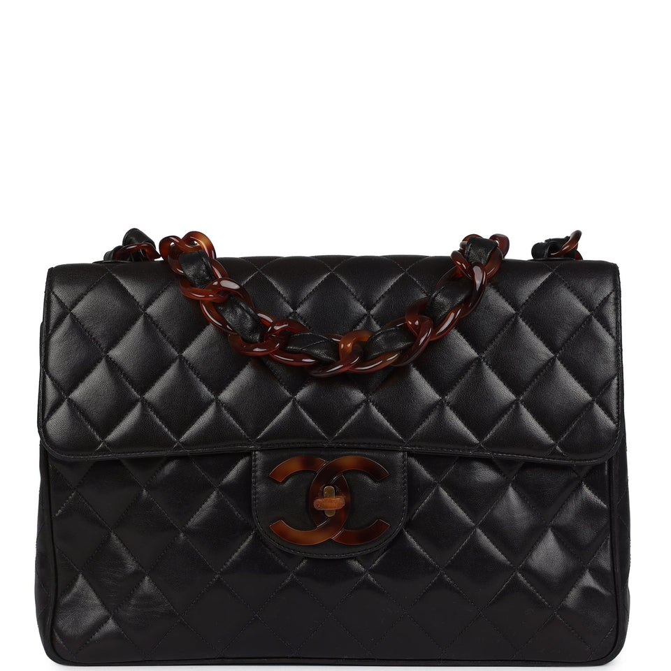 Chanel Vintage Jumbo Single Flap Bag Black Lambskin Tortoiseshell Bakelite Hardware