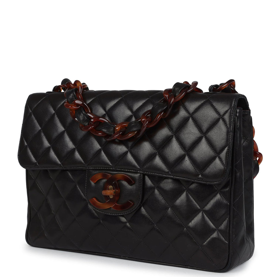 Chanel Vintage Jumbo Single Flap Bag Black Lambskin Tortoiseshell Bakelite Hardware