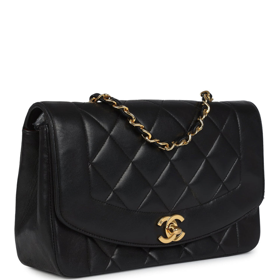 Chanel Vintage Small Diana Flap Bag Black Lambskin Gold Hardware