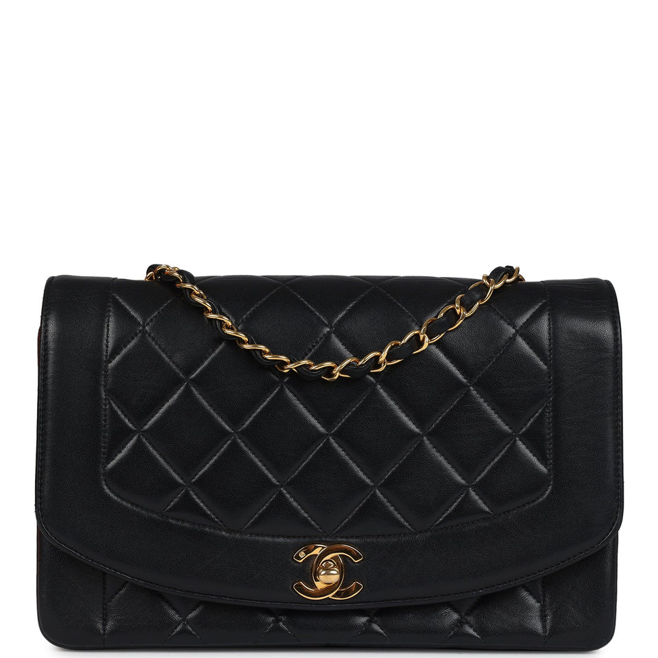 Chanel Vintage Medium Diana Flap Bag Black Lambskin Gold Hardware