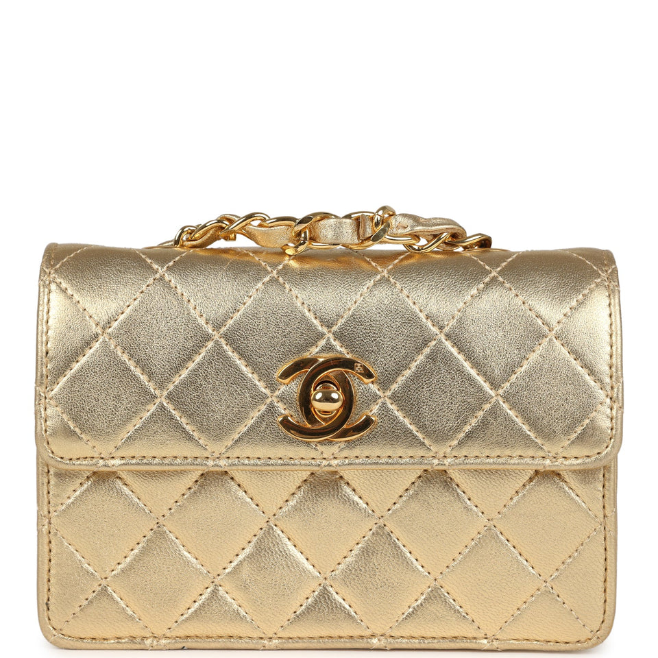 Chanel Vintage Micro Half Flap Bag Metallic Gold Lambskin Gold Hardware