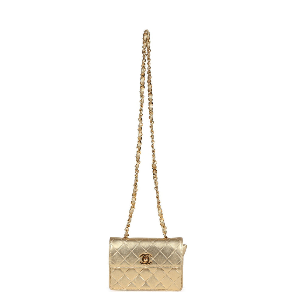 Chanel Vintage Micro Half Flap Bag Metallic Gold Lambskin Gold Hardware