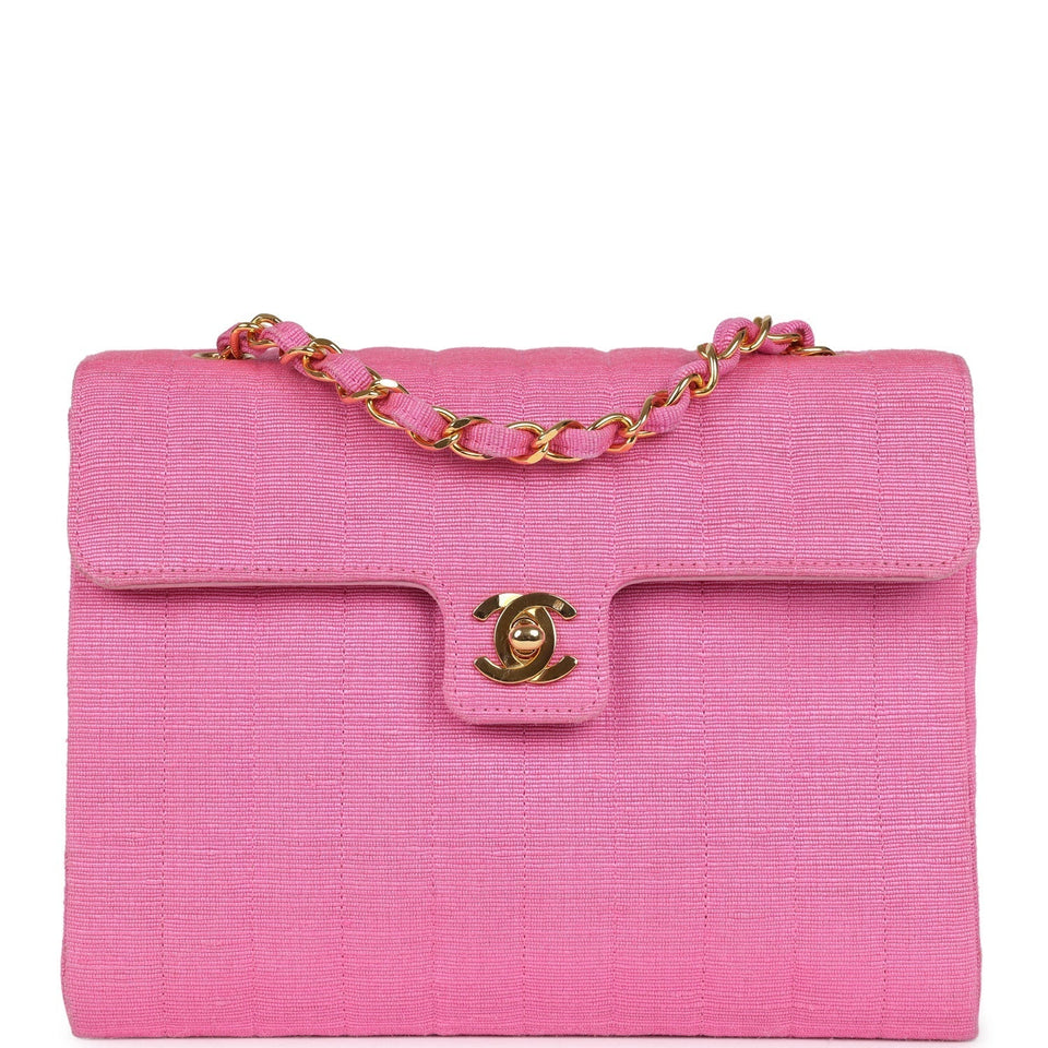 Chanel Vintage Vertical Mademoiselle Shoulder Bag Pink Linen Gold Hardware