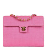 Chanel Vintage Vertical Mademoiselle Shoulder Bag Pink Linen Gold Hardware