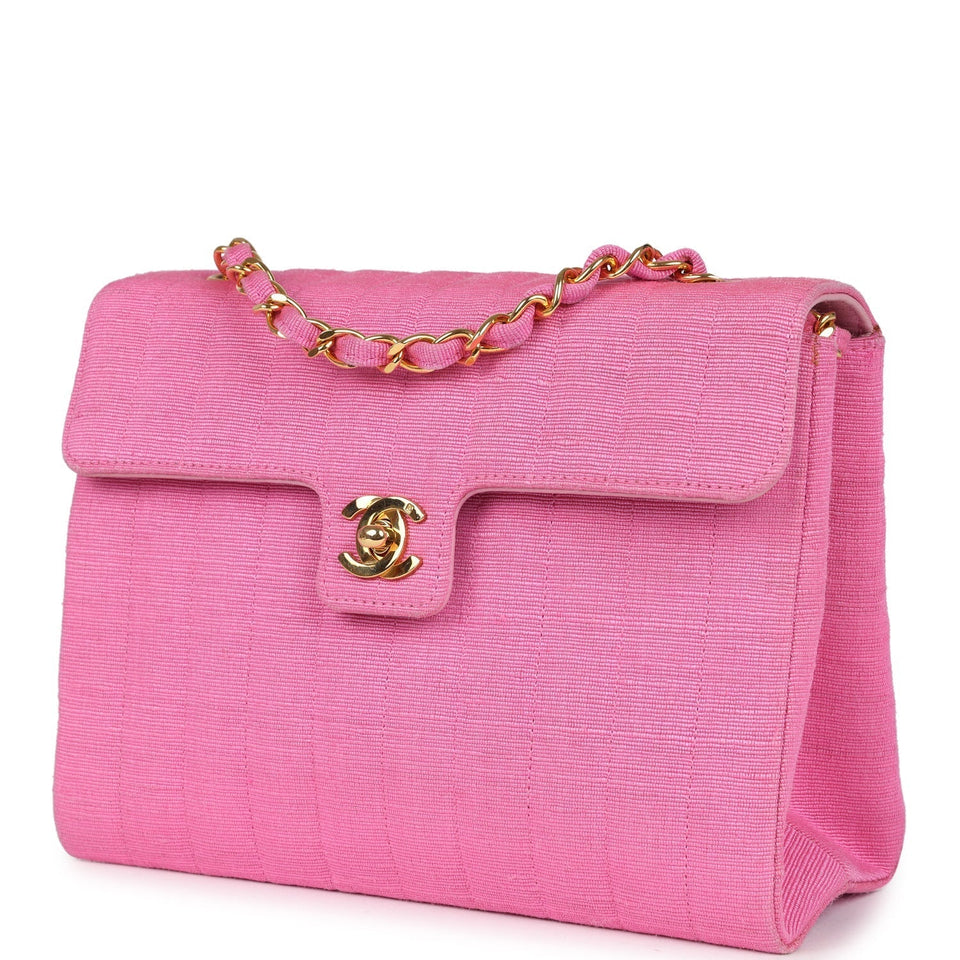 Chanel Vintage Vertical Mademoiselle Shoulder Bag Pink Linen Gold Hardware