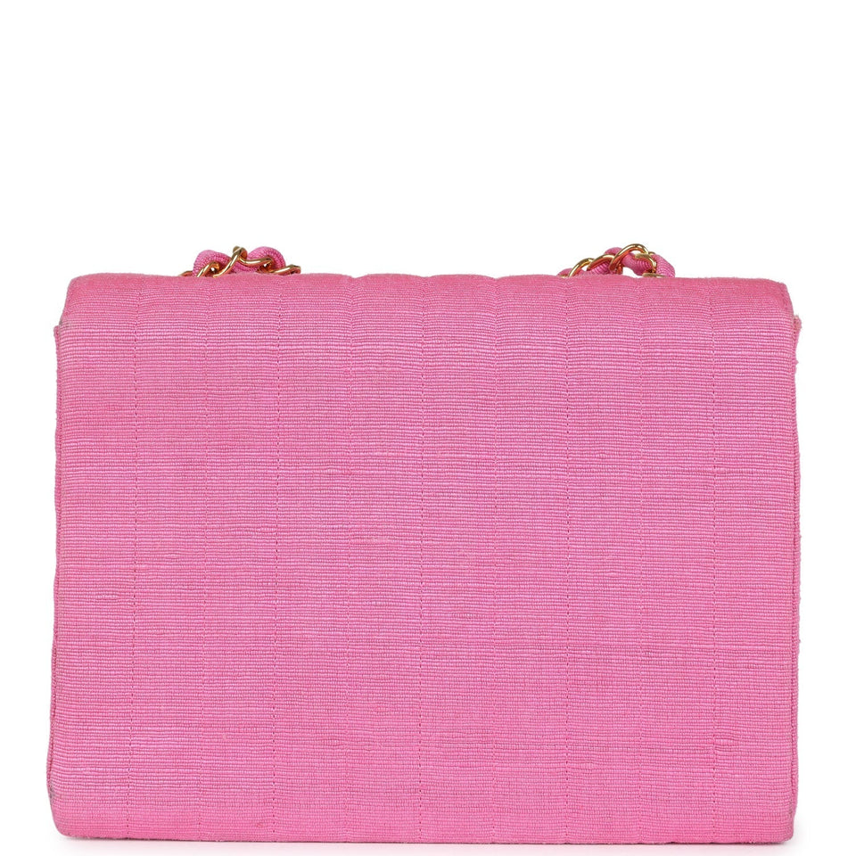Chanel Vintage Vertical Mademoiselle Shoulder Bag Pink Linen Gold Hardware
