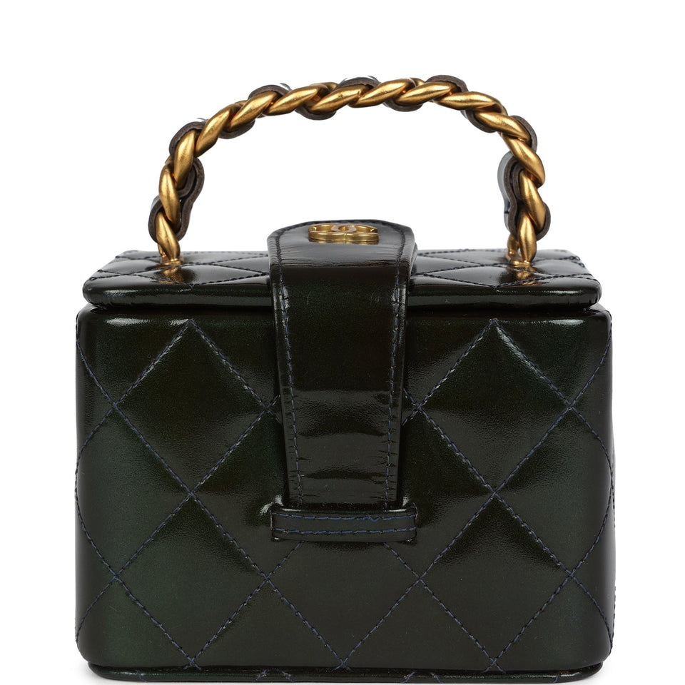 Chanel Vintage Mini Square Vanity Green Patent Antique Gold Hardware