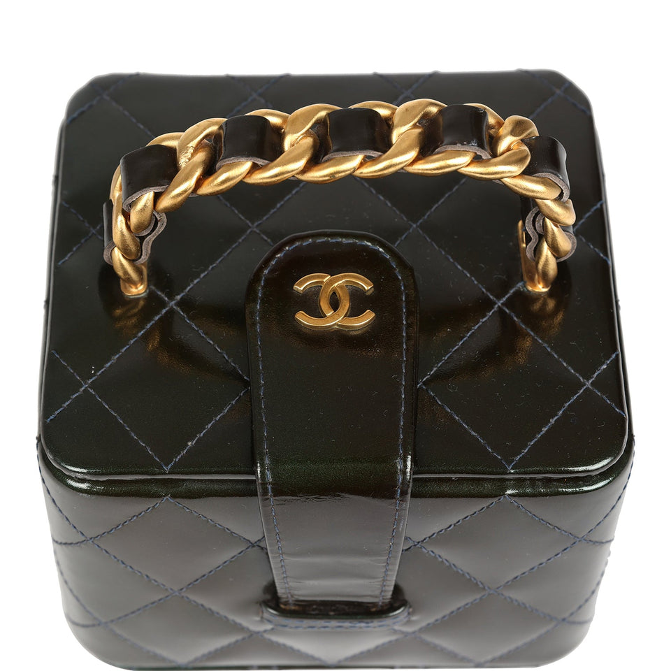 Chanel Vintage Mini Square Vanity Green Patent Antique Gold Hardware