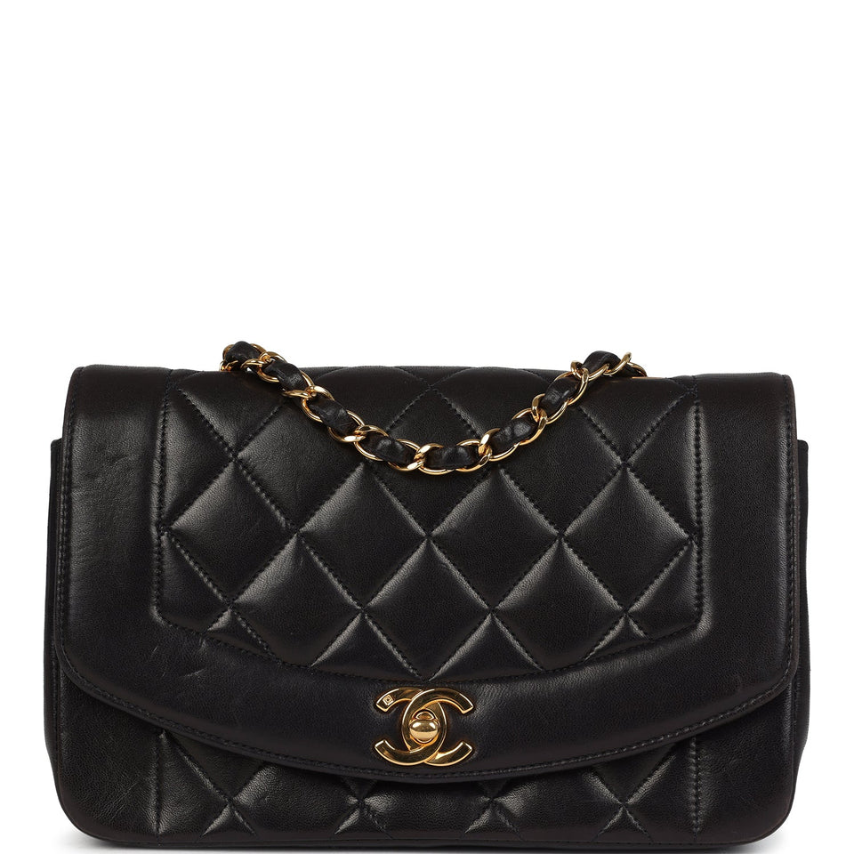 Chanel Vintage Small Diana Flap Bag Black Lambskin Gold Hardware