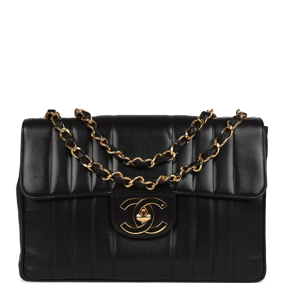 Chanel Vintage Jumbo Mademoiselle Vertical Flap Black Lambskin Gold Hardware