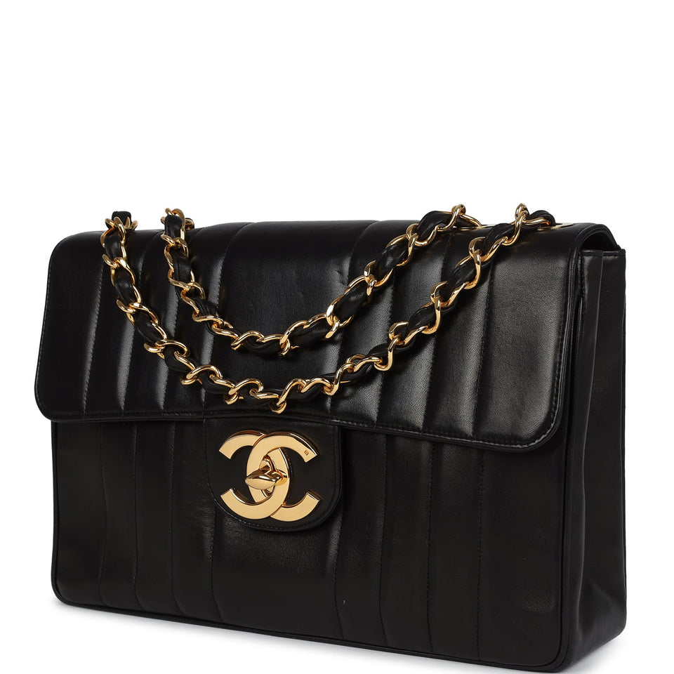 Chanel Vintage Jumbo Mademoiselle Vertical Flap Black Lambskin Gold Hardware