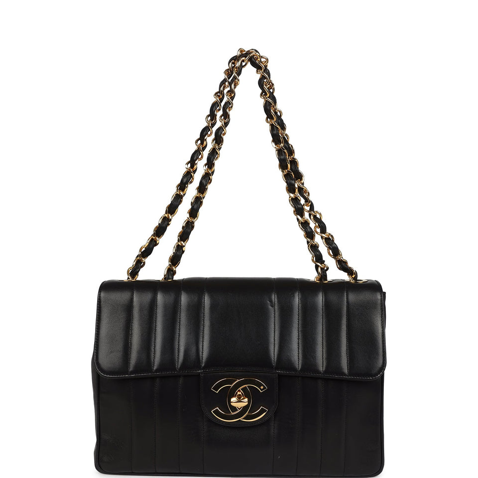 Chanel Vintage Jumbo Mademoiselle Vertical Flap Black Lambskin Gold Hardware
