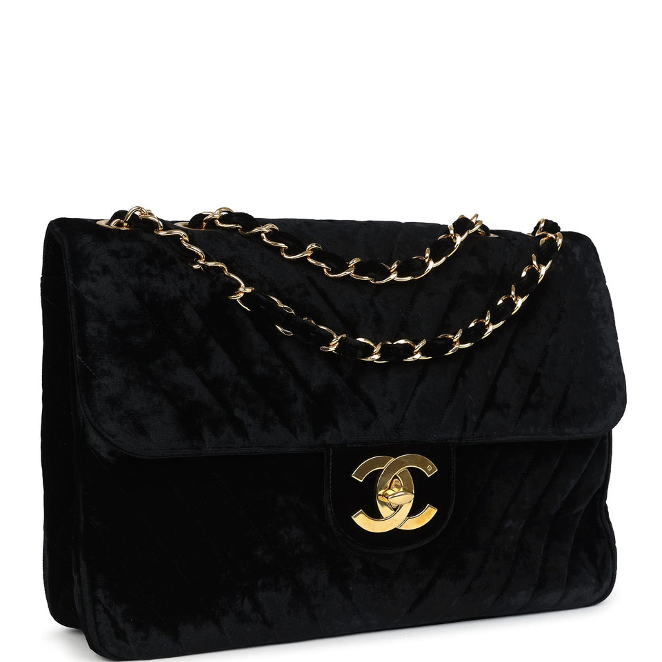 Chanel Vintage XL Chevron Single Flap Bag Black Velvet Gold Hardware