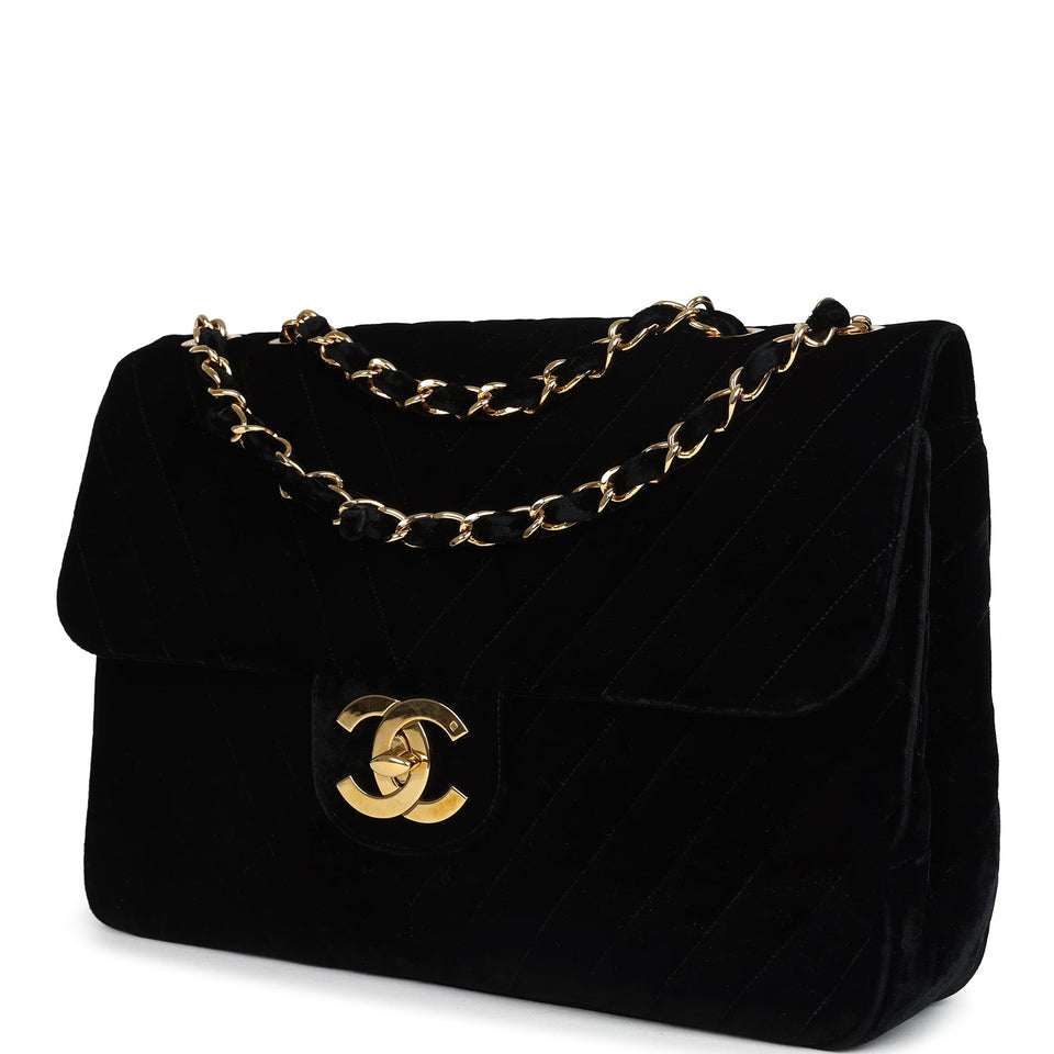 Chanel Vintage XL Chevron Single Flap Bag Black Velvet Gold Hardware