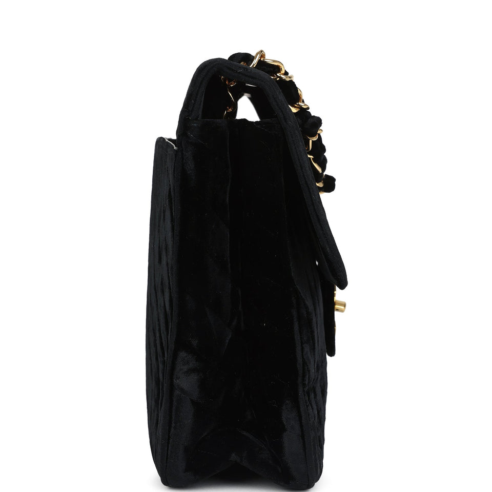 Chanel Vintage XL Chevron Single Flap Bag Black Velvet Gold Hardware