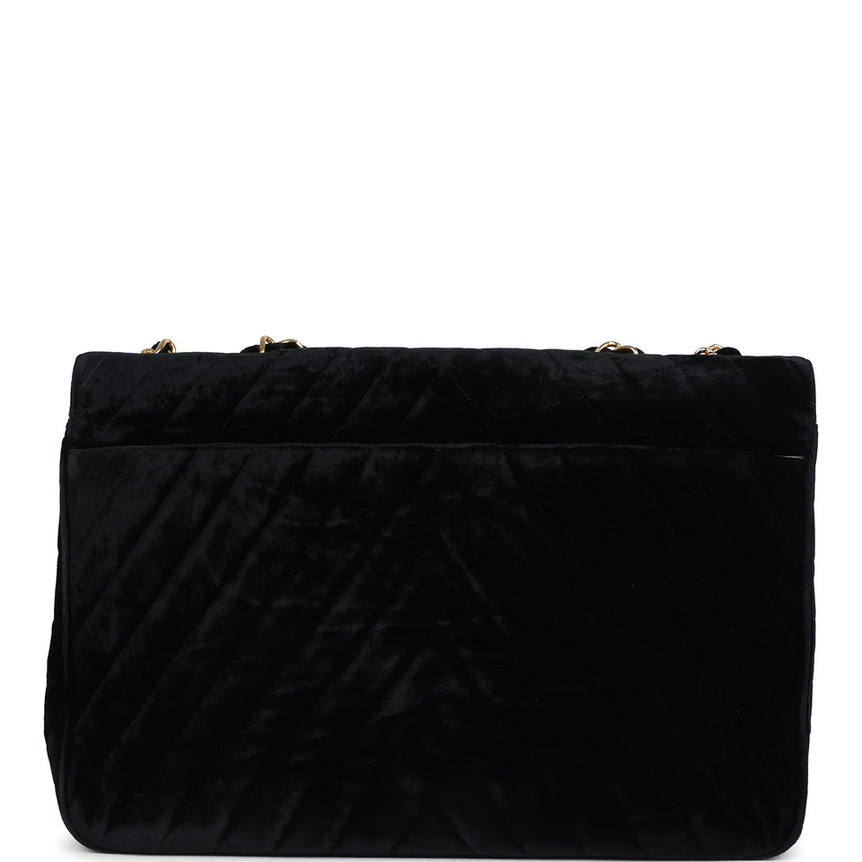 Chanel Vintage XL Chevron Single Flap Bag Black Velvet Gold Hardware