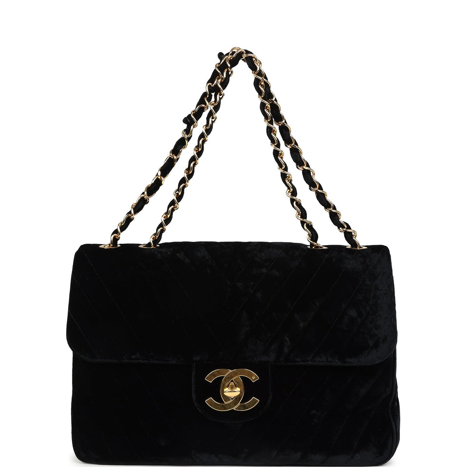 Chanel Vintage XL Chevron Single Flap Bag Black Velvet Gold Hardware