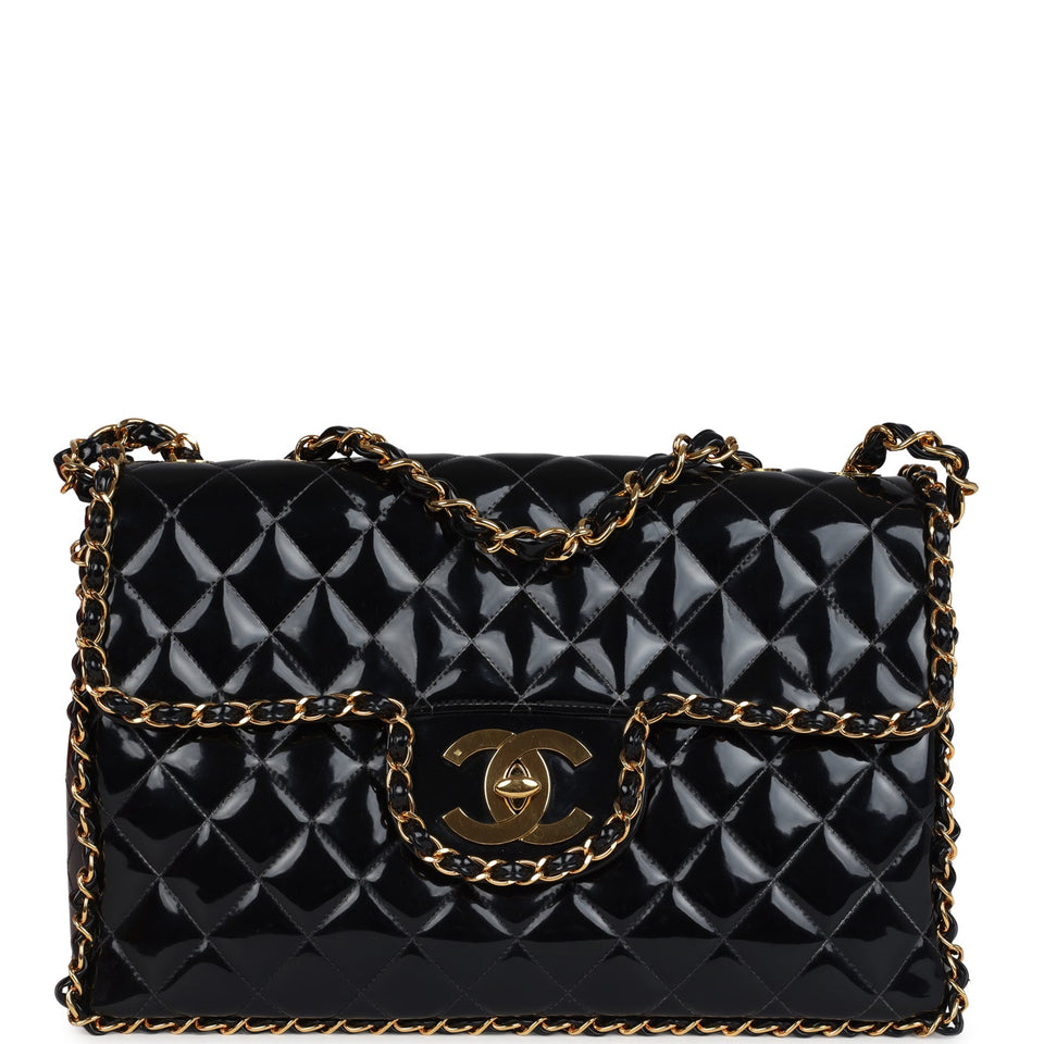 Chanel Vintage Maxi Chain Around Single Flap Bag Black Patent Gold Hardware