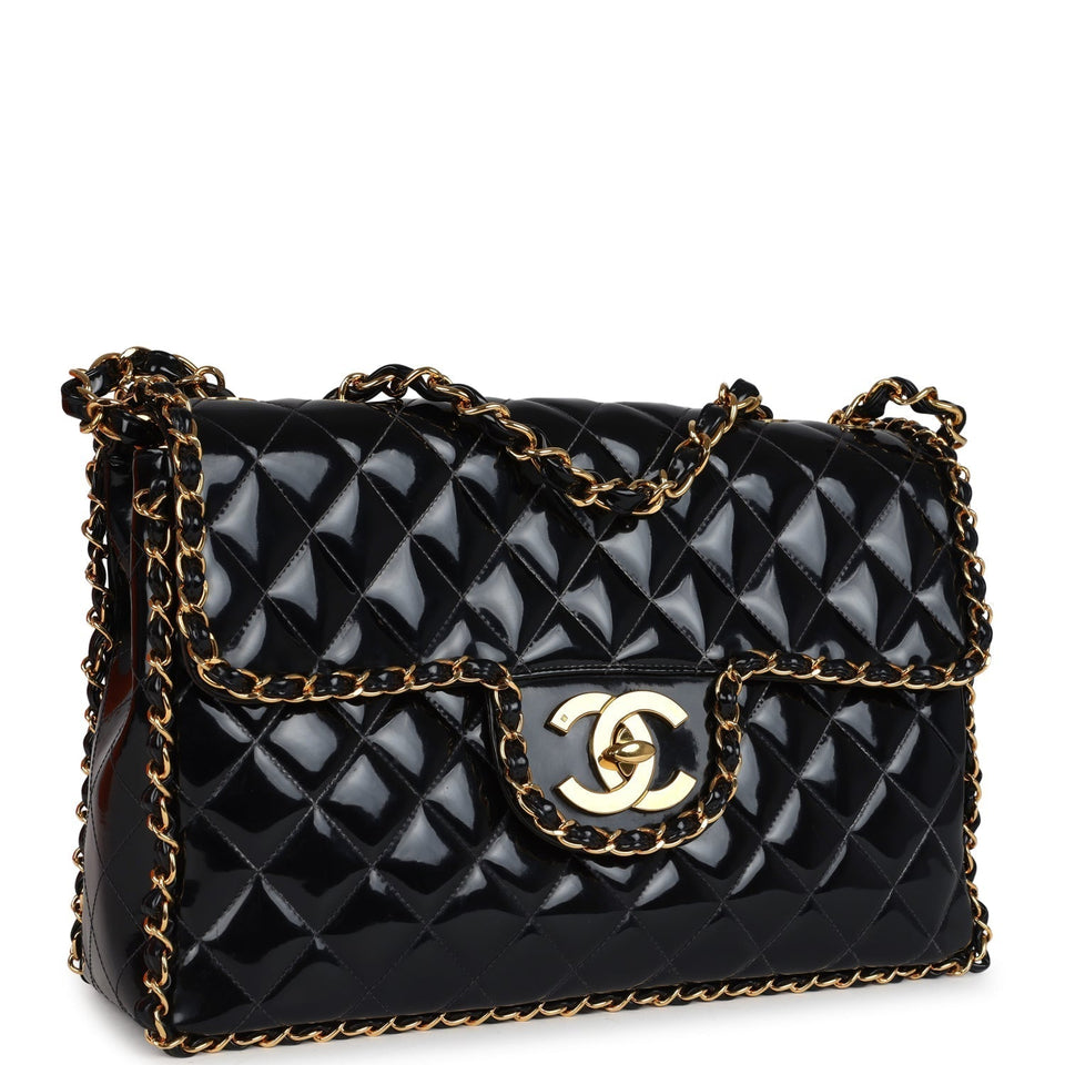 Chanel Vintage Maxi Chain Around Single Flap Bag Black Patent Gold Hardware