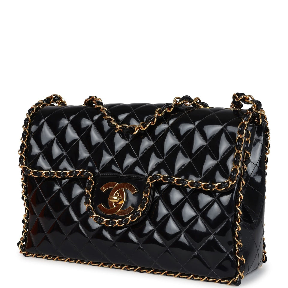 Chanel Vintage Maxi Chain Around Single Flap Bag Black Patent Gold Hardware