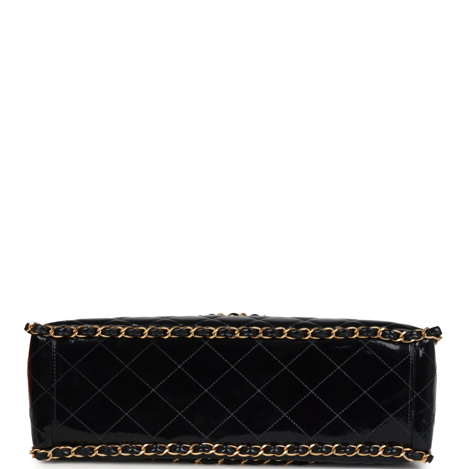 Chanel Vintage Maxi Chain Around Single Flap Bag Black Patent Gold Hardware